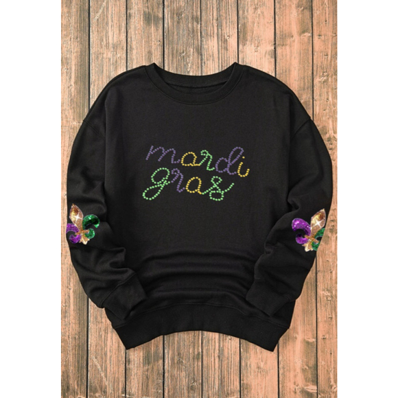 Beaded Mardi Gras Sweatshirt with Sequin Fleur-de-Lis Patch Sleeves - Picture 5 of 6